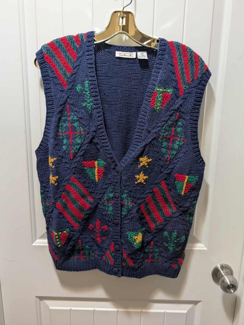 Vintage Christmas Sweater Vest Holiday Women's S Talbots Festive Navy Blue Red